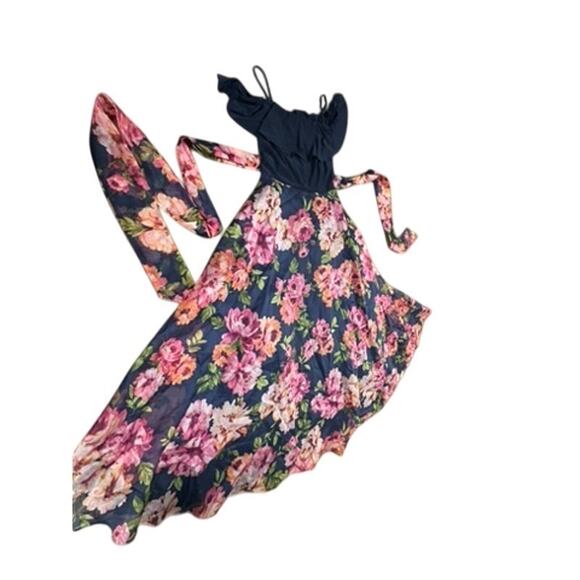 "ELIZA J." Floral Maxi Overlay Summer Dress SZ 6 Tea Garden Party Core Belted - Picture 3 of 13